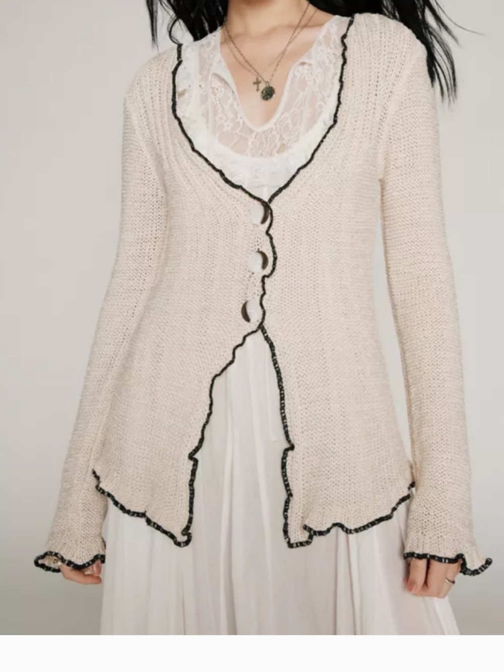 Kimichi blueCream Open-Front Knit Cardigan with Black Trim